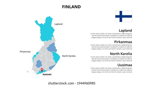 Finland vector map infographic template divided by countries. Slide presentation.