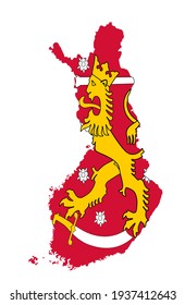 Finland vector map silhouette illustration isolated on white background. Coat of arms of Finland over map.