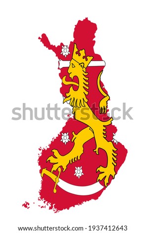 Finland vector map silhouette illustration isolated on white background. Coat of arms of Finland over map.