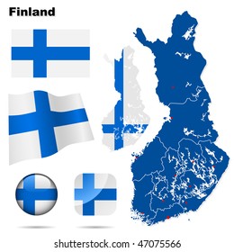 Finland vector set. Detailed country shape with region borders, flags and icons isolated on white background.