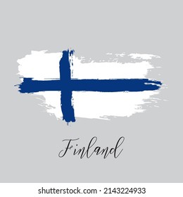 Finland vector watercolor national country flag icon. Hand drawn illustration with dry brush stains, strokes, spots isolated on gray background. Painted grunge style texture for posters, banner design