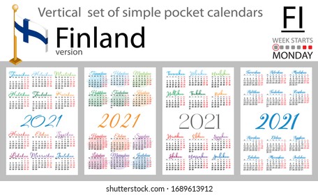 Finland vertical set of pocket calendars for 2021 (two thousand twenty one). Week starts Monday. New year. Color simple design. Vector
