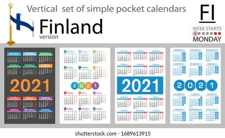 Finland vertical set of pocket calendars for 2021 (two thousand twenty one). Week starts Monday. New year. Color simple design. Vector