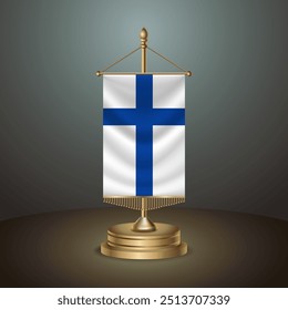 Bandera de mesa de Vertical de Finlandia con poste dorado sobre fondo degradado oscuro, Ilustración vectorial de Anuncio de Plantilla