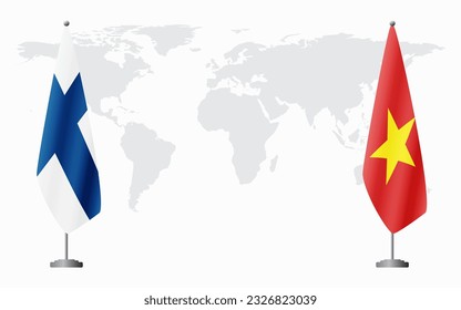 Finland and Vietnam flags for official meeting against background of world map.