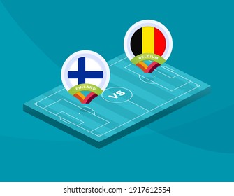 Partido Finlandia vs Bélgica. Partido del campeonato de fútbol 2020 frente a equipos de fondo deportivo intro, póster final del concurso de campeonato, ilustración vectorial de estilo plano.