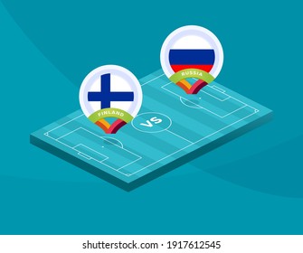 Partido Finlandia vs Rusia. Partido del campeonato de fútbol 2020 frente a equipos de fondo deportivo intro, póster final del concurso de campeonato, ilustración vectorial de estilo plano.