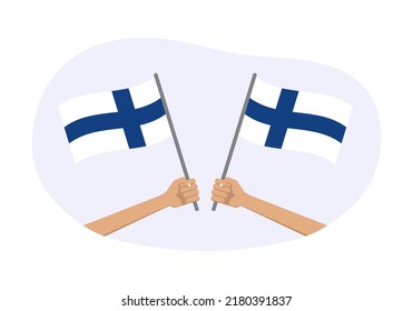 Finland waving flag icon or badge. Hand holding Finnish flags. Vector illustration.