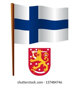 finland wavy flag and coat of arms against white background, vector art illustration, image contains transparency