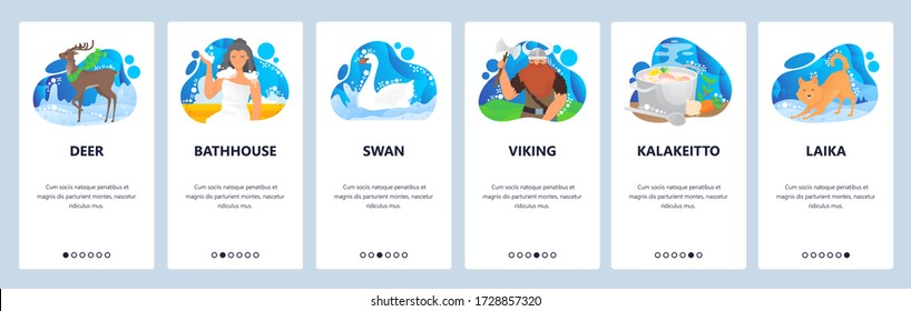 Finland Website And Mobile App Onboarding Screens. Menu Banner Vector Template For Web Site And Application Development. Vikings And Finland History, Finnish Fauna And Traditional Fish Soup Kalakeitto