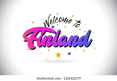 Finland Welcome To Word Text with Purple Pink Handwritten Font and Yellow Stars Shape Design Vector Illusration.