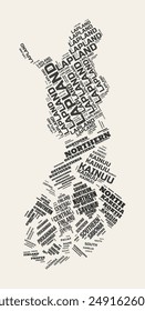 Finland Word Cloud. Country with regions division. Finland typographic text clouds vector image design. Vintage gazette style country shape image. Classy vector illustration.