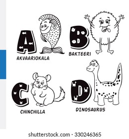 Finnish alphabet. Aquarium fish, bacteria, chinchilla, dinosaur. Vector letters and characters.