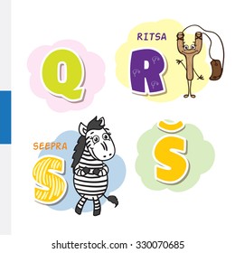 Finnish alphabet. Slingshot, Zebra. Vector letters and characters.