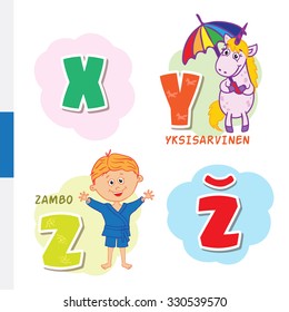 Finnish alphabet. Unicorn, Sambo. Vector letters and characters.