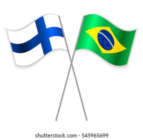 Finnish and Brazilian crossed flags. Finland combined with Brazil isolated on white. Language learning, international business or travel concept.
