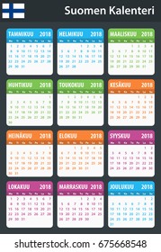 Finnish Calendar for 2018. Scheduler, agenda or diary template. Week starts on Monday
