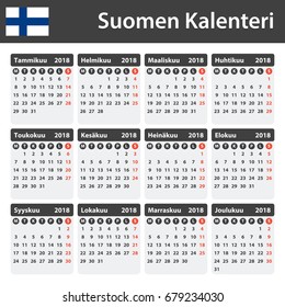 Finnish Calendar for 2018. Scheduler, agenda or diary template. Week starts on Monday