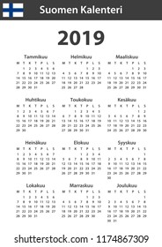Finnish Calendar for 2019. Scheduler, agenda or diary template. Week starts on Monday
