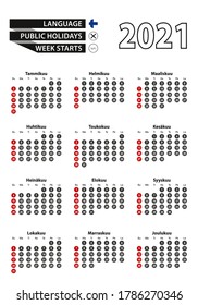 Finnish calendar 2021 with numbers in circles, week starts on Sunday. 2021 with flag of Finland. Vector calendar 2021.