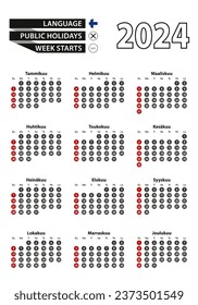 Finnish calendar 2024 with numbers in circles, week starts on Sunday. 2024 with flag of Finland  Vector illustration.