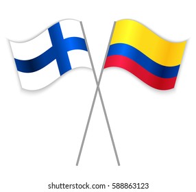 Finnish and Colombian crossed flags. Finland combined with Colombia isolated on white. Language learning, international business or travel concept.