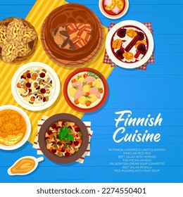 Finnish cuisine food menu page cover design. Rice pudding with fruit soup, Rosolli and beet salad with herring, fish pie Kalakukko and Lanttulaatikko, Karelian pies, salmon cream soup Lohikeitto