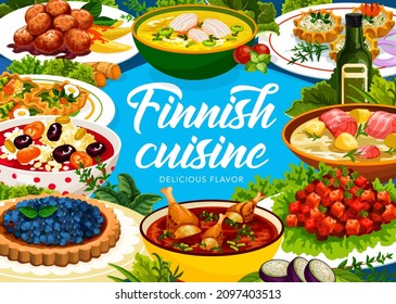 Finnish Cuisine Meals Poster, Food Dishes Of Finland, Vector Restaurant Dinner And Lunch. Finnish Cuisine Traditional Meatballs With Salmon Fish Soup, Venison Berry Marinade And Wickets With Potato