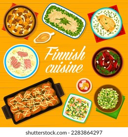 Finnish cuisine menu cover. Salmon casserole, mushroom salad and pea soup, Karelian meat stew Karjalanpaisti, herring potato forshmak and smoked salmon salad, reindeer stew, cream soup Lohikeitto