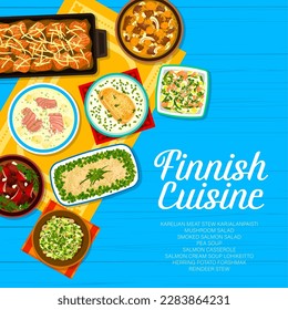 Finnish cuisine menu cover template. Reindeer stew, karelian meat stew Karjalanpaisti and mushroom salad, pea soup, herring potato forshmak and smoked salmon salad, casserole, cream soup Lohikeitto