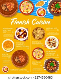 Finnish cuisine menu page design. Salmon soup Lohikeitto, Karelian pies and beet salad with herring, pie Kalakukko, rice pudding with fruit soup and rutabaga casserole Lanttulaatikko, salad Rosolli,