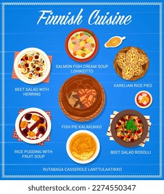 Finnish cuisine restaurant food menu. Cream soup Lohikeitto, salad Rosolli and rutabaga casserole Lanttulaatikko, beet salad with herring and pie Kalakukko, pudding with fruit soup, Karelian rice pies