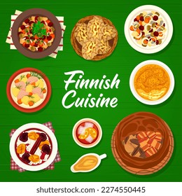 Finnish cuisine restaurant meals menu cover page. Karelian rice pies, beet salad with herring and pudding with fruit soup, salad Rosolli, fish pie Kalakukko and Lanttulaatikko, salmon soup Lohikeitto