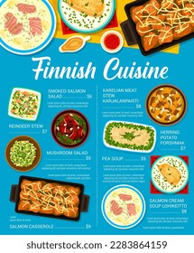 Finnish cuisine restaurant menu page. Soup Lohikeitto, reindeer stew and Karelian meat stew Karjalanpaisti, herring potato forshmak, mushroom salad and smoked salmon salad, pea soup, salmon casserole