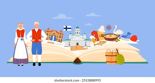 Finnish culture elements, architecture landmarks of Finland study in infographic collage. Open guide book and people in traditional dress, Theater and Helsinki Cathedral cartoon vector illustration