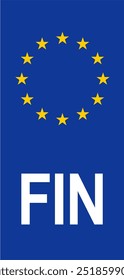 Euroband finlandesa com símbolo nacional: fundo azul que representa a União Europeia e identidade finlandesa para o registro de veículos.