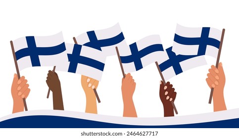 Tag der finnischen Flagge. Banner mit Finnlandfahnen in der Hand. Festliche Musik Illustration. Vektorgrafik