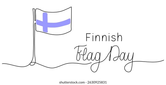 Finnish Flag day words in continuous one line art style banner template. Minimalist black drawing of phrase on white background. Hand drawn quote with editable stroke. Outline handwritten script.
