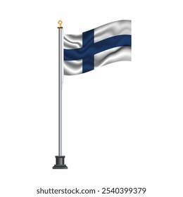 Bandera finlandesa ondeando en un asta de bandera, aislado sobre fondo blanco, Ilustración vectorial. La bandera nacional de Finlandia.