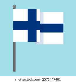 Finnish flag waving on a gray flagpole. Vector illustration isolated on blue