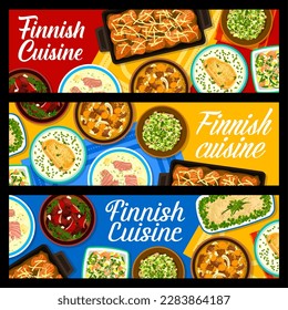 Finnish food restaurant meals banners. Mushroom salad, karelian meat stew Karjalanpaisti and smoked salmon salad, soup Lohikeitto, herring potato forshmak and salmon casserole, pea soup, reindeer stew