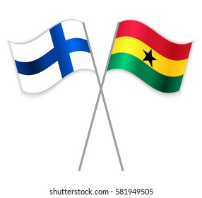 Finnish and Ghanaian crossed flags. Finland combined with Ghana isolated on white. Language learning, international business or travel concept.