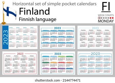 Finnish horizontal pocket calendar for 2023 (two thousand twenty three). Week starts Monday. New year. Color simple design. Vector