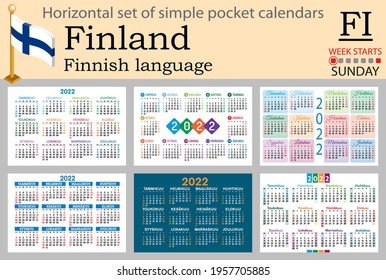 Finnish horizontal set of pocket calendars for 2022 (two thousand twenty two). Week starts Sunday. New year. Color simple design. Vector