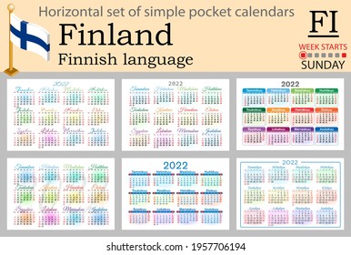 Finnish horizontal set of pocket calendars for 2022 (two thousand twenty two). Week starts Sunday. New year. Color simple design. Vector