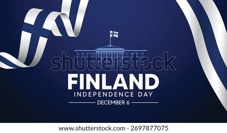 Finnish independence day poster with flag ribbon and national monument illustration