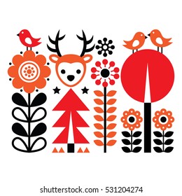 Finnish inspired folk art pattern - Scandinavian, Nordic style with flowers and animals