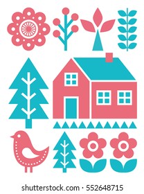 Finnish inspired folk art pattern - Scandinavian, Nordic style in turquoise and raspberry colour