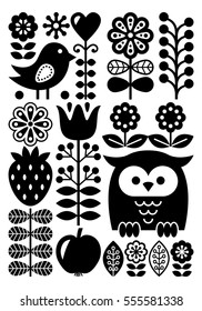 Finnish inspired folk art pattern - Scandinavian, Nordic style - monochrome