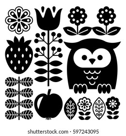 Finnish inspired folk art pattern in black - Scandinavian, Nordic style